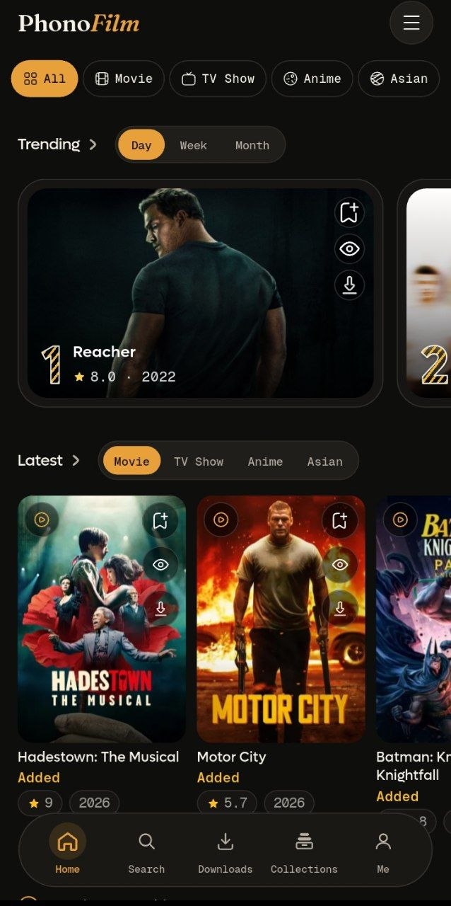 PhonoFilm home screen with trending titles
